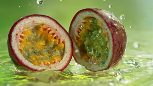 Super Slow Motion Shot of Passion Fruit Falling into Water and Making Splash at 1000fps.