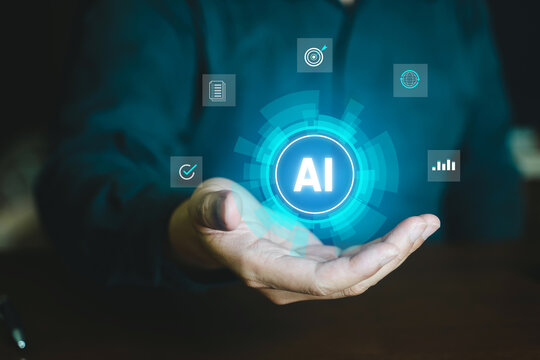 Businessman holding futuristic glowing AI icon with network connections and data analysis icons