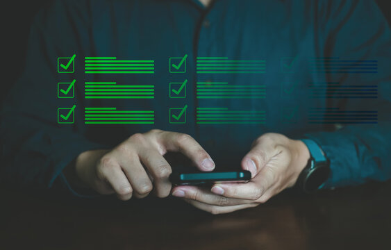 Person using smartphone with virtual checklist interface showing completed green checkmark icons