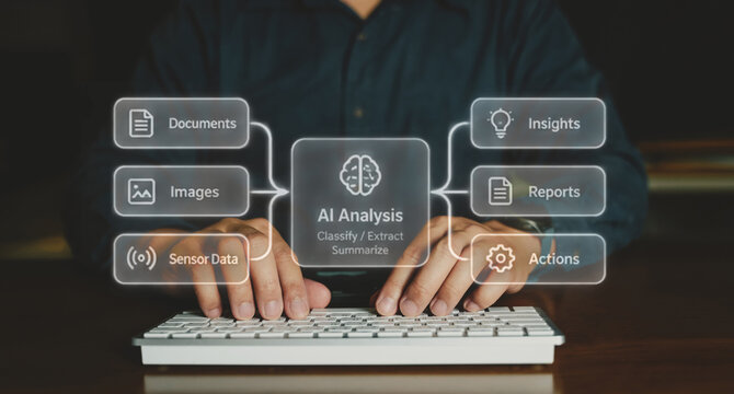 Hands typing on keyboard with central AI analysis process mapping documents images sensor data to insights and reports