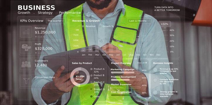 Engineer in safety vest holding tablet with holographic business strategy dashboard and revenue growth charts