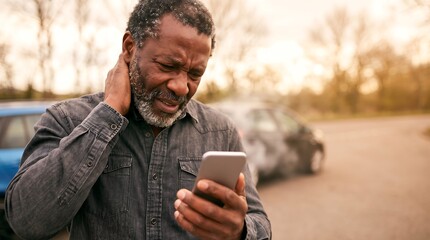 Fototapeta premium African American man clutching neck in pain while using smartphone