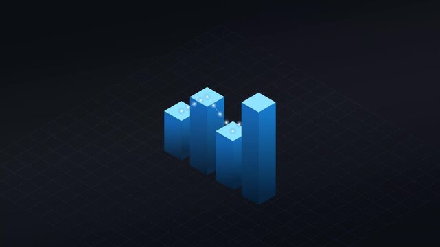 Animated isometric 3d blue bar chart showing financial data growth