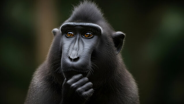 Thoughtful Celebes crested macaque monkey looking pensively with hand on chin in closeup portrait