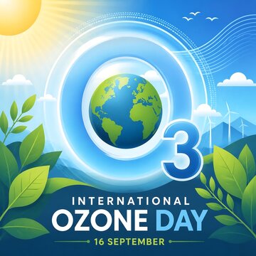 International Ozone Day poster for September 16. Earth globe with O3 layer protection. Environmental conservation concept with green leaves and sun.