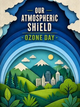 Ozone Day atmospheric shield poster, paper cut style environmental landscape, eco-friendly city and mountain scene