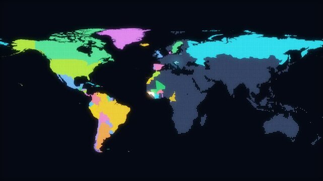 Glowing dot matrix world map lighting up every country in pastel neon colors