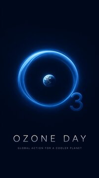 Ozone Day environmental poster, glowing O3 chemical symbol protecting planet Earth, global action for a cooler planet concept