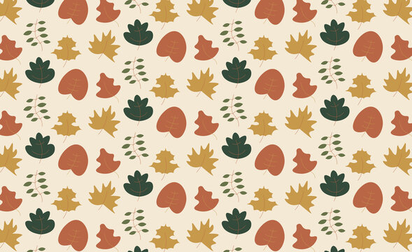 Minimal Autumn Leaves and Botanical Foliage Seamless Pattern in Earthy Colors, Scandinavian Style Fall Nature Background