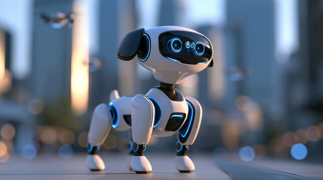 Futuristic quadruped robot dog standing attentively on a bright clean city street, soft natural daylight, sleek modern skyscrapers softly blurred in background, small drones