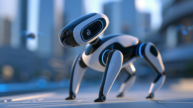 Futuristic quadruped robot dog standing attentively on a bright clean city street, soft natural daylight, sleek modern skyscrapers softly blurred in background, small drones