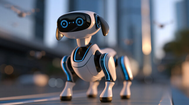 Futuristic quadruped robot dog standing attentively on a bright clean city street, soft natural daylight, sleek modern skyscrapers softly blurred in background, small drones