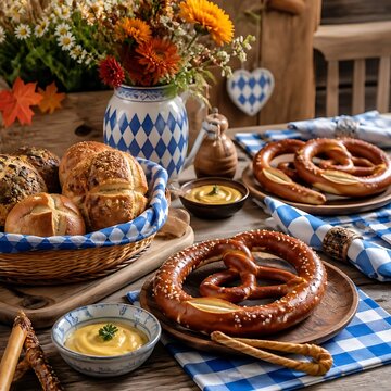 Traditional Oktoberfest soft pretzels and bread rolls, rustic Bavarian breakfast with mustard, blue checkered decor and autumn flowers