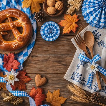 Oktoberfest flat lay background with pretzel and autumn leaves. Bavarian festival table setting on rustic wood. Traditional German food frame.