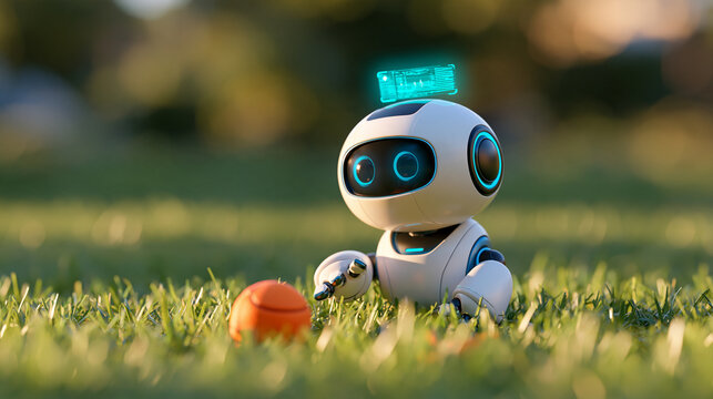 Photorealistic 3d render of a white humanoid robot companion playing with an orange ball on a bright green lawn, floating cyan holographic digital interface glowing above its