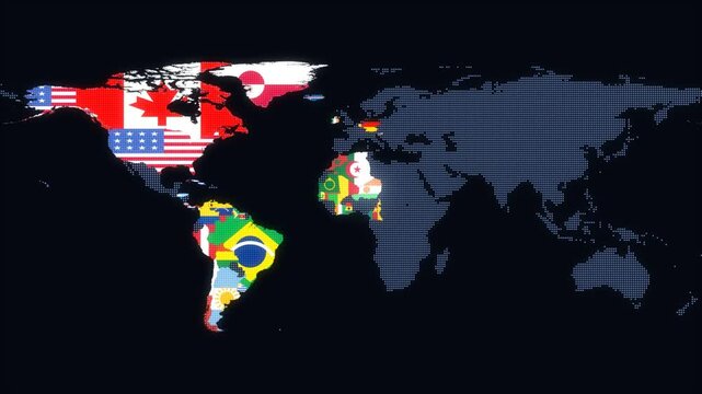 World map animation revealing national flags nation by nation starting in North America