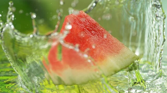 Super Slow Motion Shot of Fresh Melon Falling into Water and Making Splash at 1000fps.