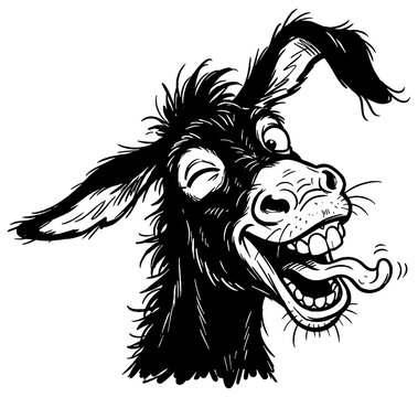 Goofy looking donkey making a silly face, cartoon clip art in black, isolated 