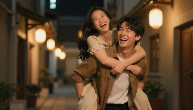 Piggyback Laughter in Night Alley