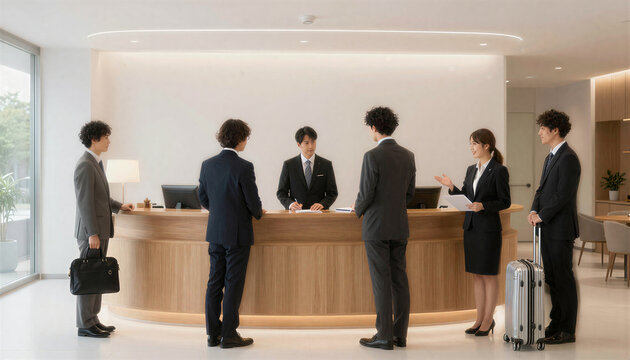 modern Japanese hotel lobby reception wooden male receptionist in suit helping