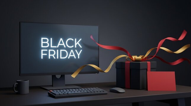 Black Friday Sale Concept with Gift Box and Computer Screen Displaying Sale Message