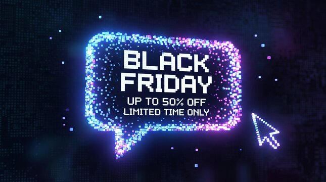 Black Friday Sale Up To 50 Percent Off Limited Time Offer Digital Pixel Art Speech Bubble With Cursor