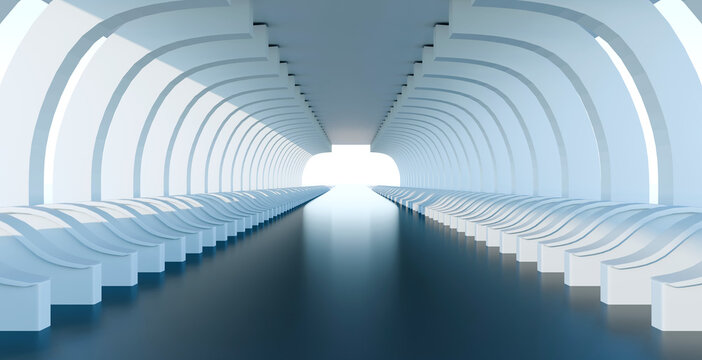 Futuristic architectural tunnel with symmetrical white arches and a sleek dark reflective floor leading to a bright light at the end of a long modern minimalist corridor interior structure