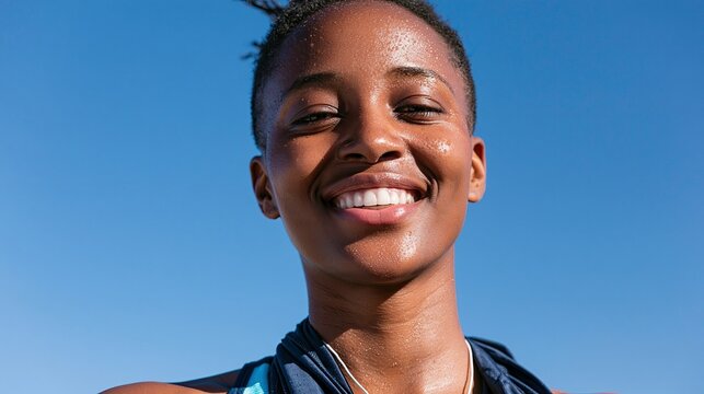 Young black woman smiling with a medal against a blue sky  
