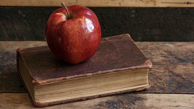 Red apple on an old book resting on a rustic wooden table  