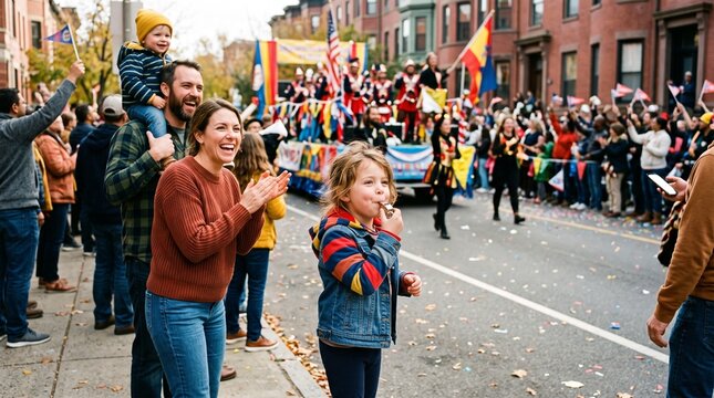 Family enjoys a vibrant street parade with floats and cheering crowds on a festive autumn day