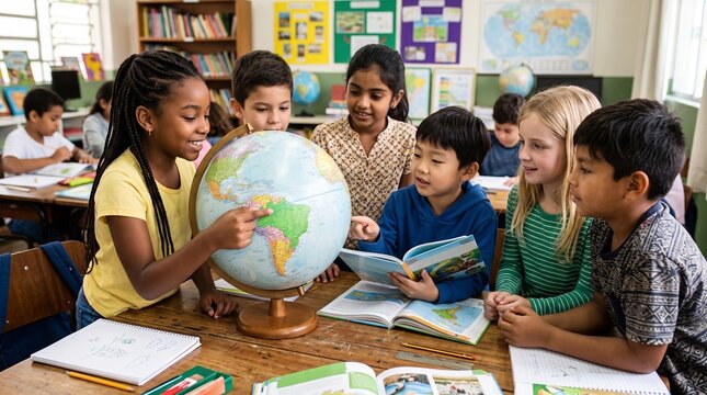 Diverse group of elementary school children gathered around a globe in a classroom learning about geography