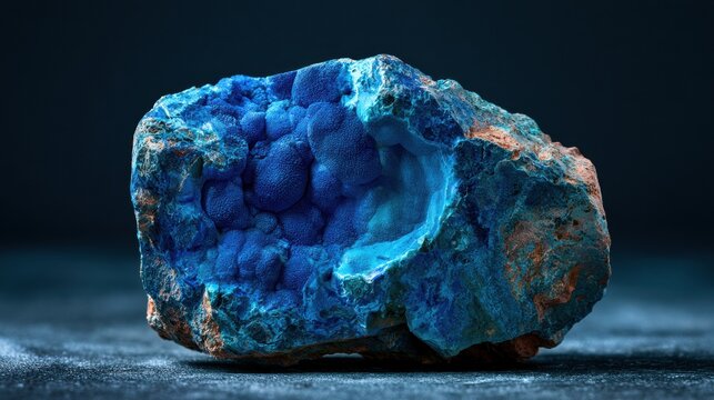 A deep blue azurite stone displays its botryoidal texture against a natural mineral backdrop and offers space for additional design.