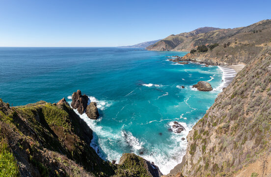scenic coastal landscape at Big Sur seen from Cabrillo Highway, State Route No. 1 in California,
