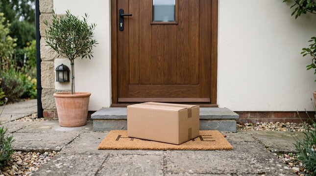 Cardboard delivery box left on doormat outside wooden front door of a house
