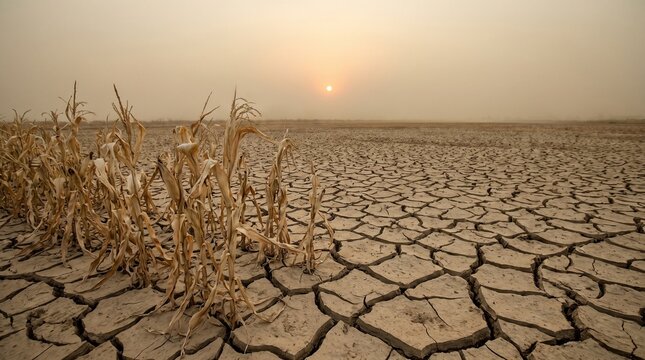Dried corn stalks on cracked desert ground during a hazy sunset