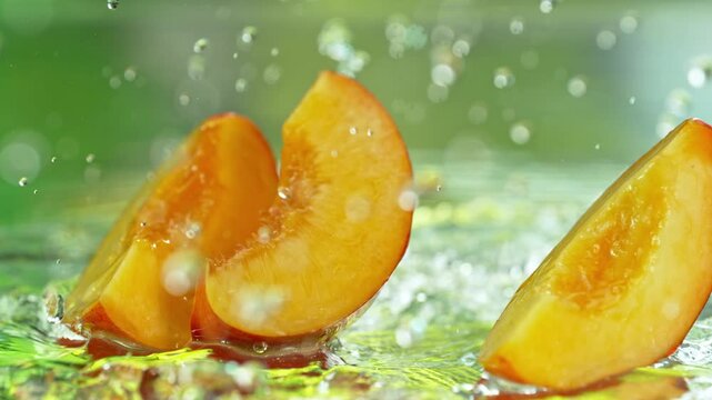 Super Slow Motion Shot of Fresh Nectarine Cuts Falling into Water and Making Splash at 1000fps.