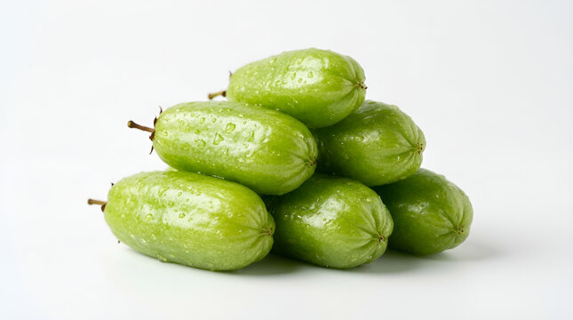 A pile of fresh, glossy green bilimbi fruits with dewdrops; oblong, ribbed shapes and small brown stems; a tropical sour fruit; isolated on a clean, minimalist white background.
