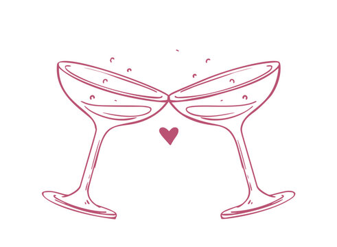 Two elegant cocktail or champagne glasses touching in a romantic toast with a heart between them, hand drawn vector illustration