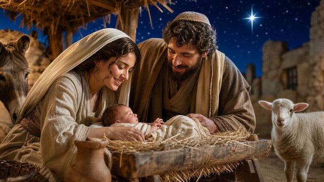The Holy Family Gathered Around the Manger Under Starlight, a Peaceful and Sacred Nativity Scene in Ancient Bethlehem.