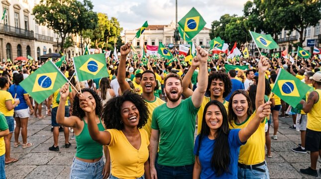 Diverse group of happy Brazilian fans waving flags and cheering in a crowded city square celebrating national pride