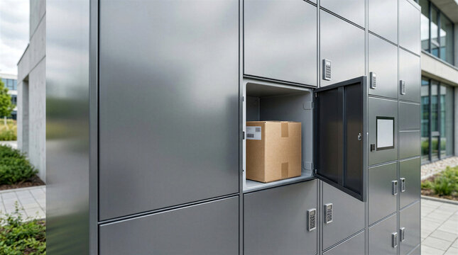 Modern parcel locker with an open compartment containing a cardboard box