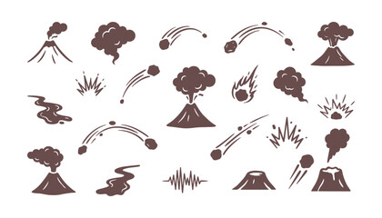 A collection of hand drawn volcano icons featuring eruptions lava flows and falling meteorites © Sai-man