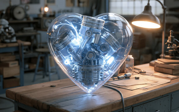 Transparent heart-shaped engine glowing with internal lights, sitting on a workbench in a detailed mechanical workshop