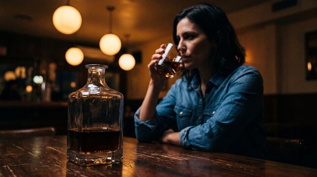Pensive woman drinking whiskey alone in a dark bar at night