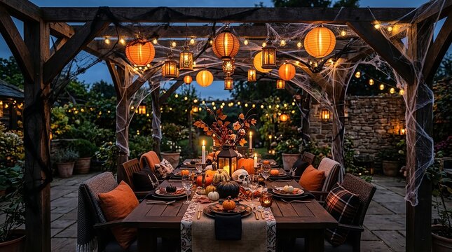 Festive halloween outdoor patio dinner table setup with glowing string lights
