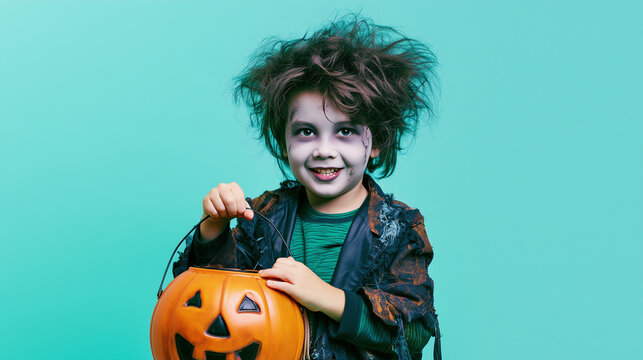 Waist-up studio portrait of a smiling child in a playful undead costume holding a pumpkin-shaped trick-or-treat pail, disheveled hair, ghostly face paint and distressed jacket crea