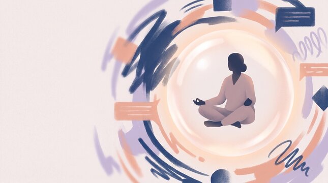 Woman meditating inside a protective bubble isolated from chaotic noise and social media stress