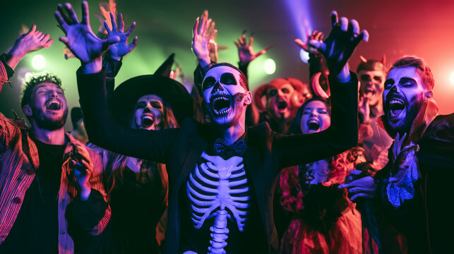 Group of young adults celebrating at a lively Halloween costume party, friends dressed as skeletons, witches, devils and vampires laughing, dancing and raising their hands under co