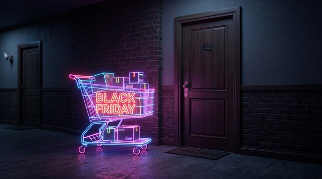 Neon Black Friday Shopping Cart Filled With Boxes Outside Apartment Door