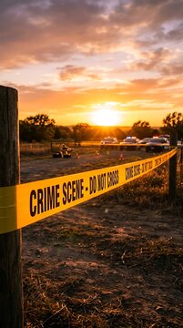 Crime Scene Tape Golden Hour Sunset Backlit Yellow Police Dramatic Sky